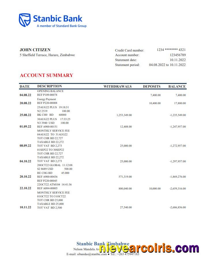 Zimbabwe Stanbic Bank statement
